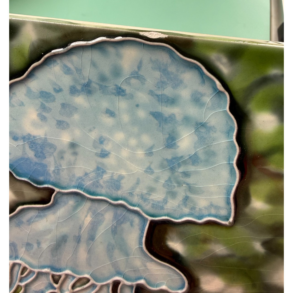 Handmade Blue Jellyfish Ceramic Art Pottery Tile Signed Gerri Easel Back or Wall - Picture 5 of 7